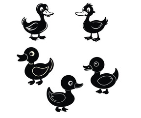  duck cartoon silhouette. Cute baby ducks. Cartoon vector, illustration. set of ducks.