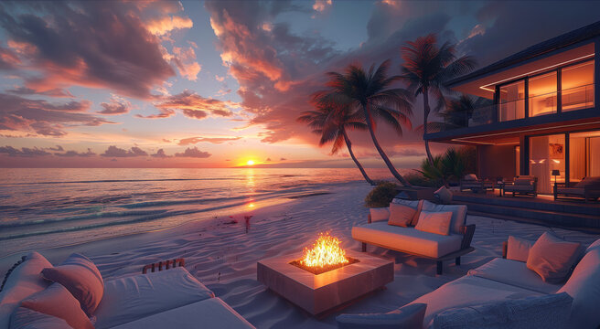 The beach front, showing modern luxury outdoor seating with a fire pit overlooking the ocean and palm trees, sand dunes, beach at sunset. Generative AI.