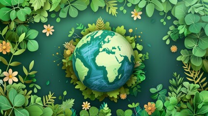 Happy Earth Day illustration background with green plants and a round earth in the middle on April 22