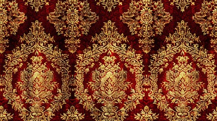 1.Traditional Thai gold-printed fabric pattern with intricate floral motifs in deep red and gold. Seamless and detailed.