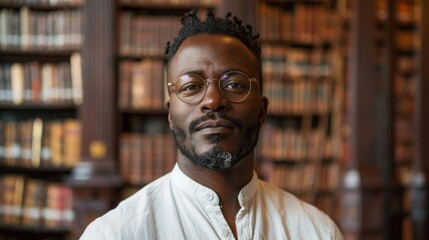 Fototapeta premium Black African American man in his 40s wearing glasses with slick hairstyle and smooth face wearing a white shirt in an ancient library in luxury
