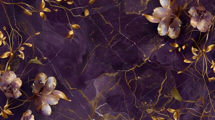 A deep purple marble background featuring a shimmering golden floral pattern, with a dedicated area for text. This backdrop is perfect for luxury eco events or upscale beauty salons.