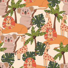 Safari animals pattern, summer kids print. Cute vector african animals. Giraffe, lion, koala.
