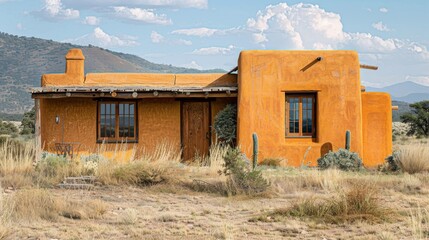 Fototapeta premium Single-story Adobe house with flat roofs and earth-toned exteriors made of sun-dried clay bricks