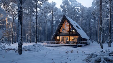 Embedded in a forest, a modern A-frame house cabin is covered in snow during winter