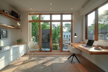 Fototapeta premium Minimalist Home Office with Simple Furniture, Home office with simple, modern furniture and clean decor