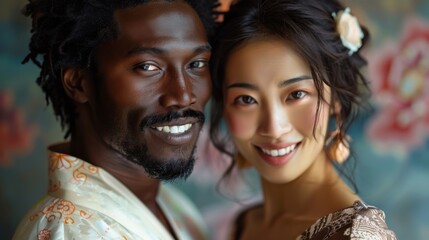 Black African man and Asian Chinese woman in a happy mixed marriage portrait