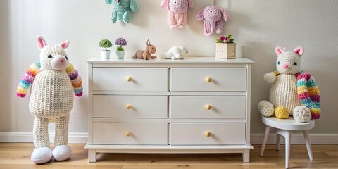 Crochet unicorn decor on white dresser in nursery , crochet, unicorn, baby room, handmade, decoration, white drawer, nursery, whimsical, soft, cozy, pastel colors, whimsy, home decor, craft