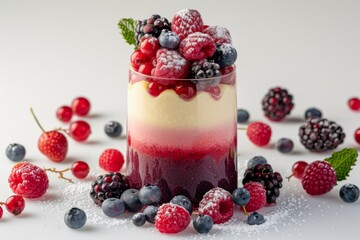 Layered berry parfait with fresh strawberries, blueberries, and raspberries, topped with mint and powdered sugar