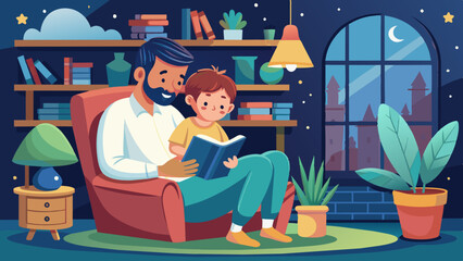 Father's Day Joy: Dad and Child Reading in Cozy Nook Vector
