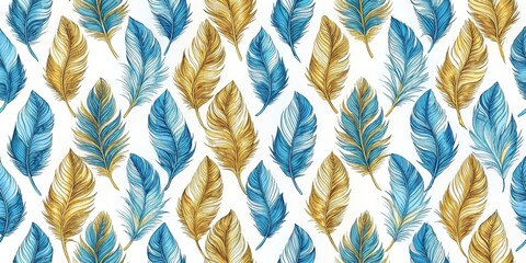 Blue and gold feathers seamless pattern on a white background, feathers, blue, gold, seamless, pattern, background, design, texture, elegant, artistic, hand drawn, boho, tribal, fashion