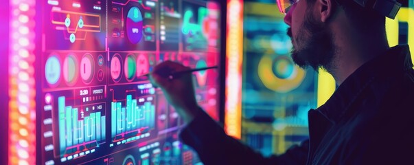 Engineer constructing a home automation dashboard close up, focus on, copy space, vibrant colors, Double exposure silhouette with user interface