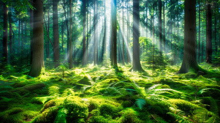 Obraz premium A beautiful forest with sunlight shining through the trees