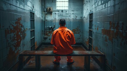 An orange jumpsuit-clad inmate sits alone on a bench in his cell