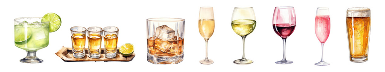 Drinks in watercolor style set