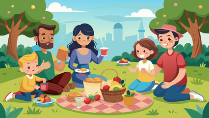 A family picnic at a park, filled with snacks and smiles.
