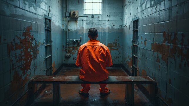 An orange jumpsuit-clad inmate sits alone on a bench in his cell