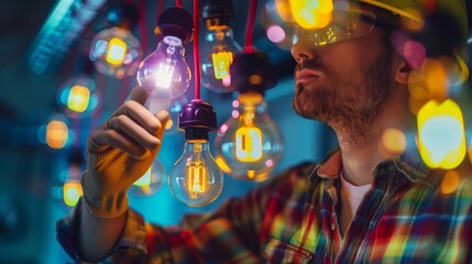 Engineer troubleshooting home lighting system close up, focus on, copy space, vibrant colors, Double exposure silhouette with smart bulbs