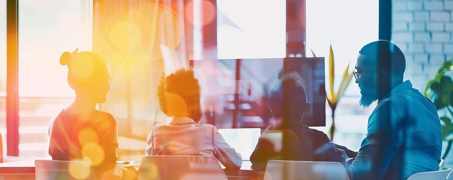 Family hosting a virtual business meeting from home close up, focus on, copy space, vibrant colors, Double exposure silhouette with virtual collaboration