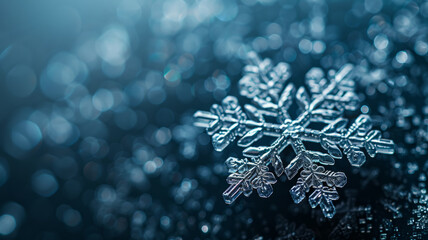 Macro shot of an intricate snowflake.