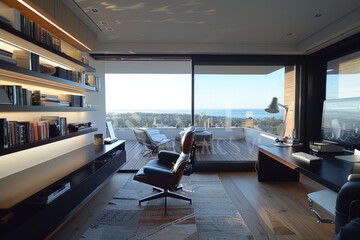 Naklejka premium Minimalist Home Office with Sleek Design, Home office with a sleek design and minimal accessories