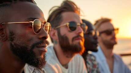 A group of young racially diverse men wear sunglasses at sunset during summer time. Young friends with varying ethnicities enjoy holidays.
