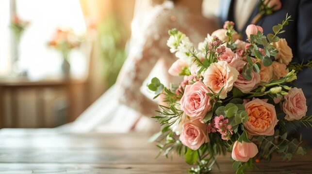 Photo concept of a wedding couple on a table to remember the most beautiful day of their lives
