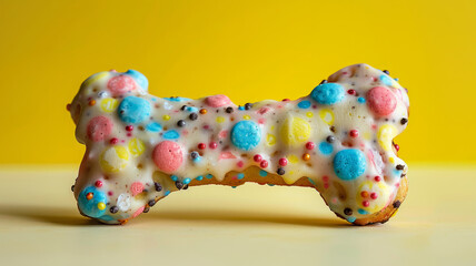 A colorful, bone-shaped dog treat with icing and sprinkles.