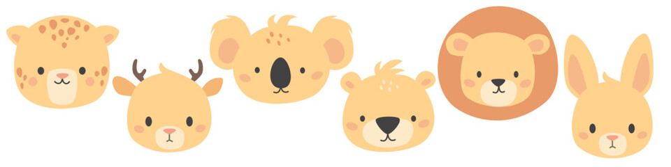 Set of vector cute animal faces. Leopard, lion, bear and deer koala hare. Illustrations in children's style on white background . Vector illustration © Alena