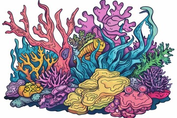 Naklejka premium Cartoon cute doodles of a cluster of colorful coral reefs teeming with marine life, Generative AI