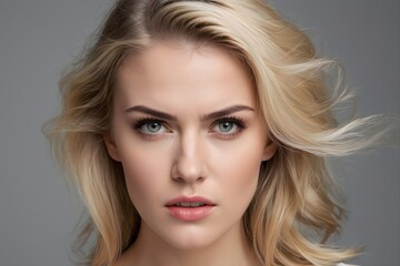 Fototapeta premium Portrait of a woman with blonde hair on gray background, studio shot