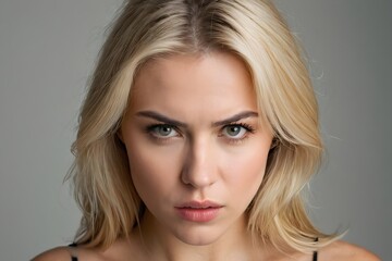 Naklejka premium Portrait of a serious and confident blond woman on gray background