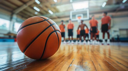 A round sphere for playing basketball on a solid surface with a young basketball squad in the background, used for teaching school children indoor sports.
