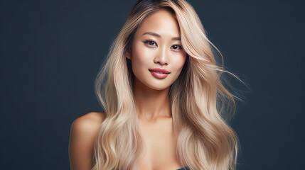 Fototapeta premium Portrait of a beautiful, sexy, smiling, happy Asian blonde woman with long hair and perfect skin, dark blue background, banner.