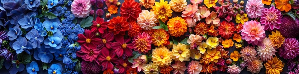 Obraz premium Many flower types in a variety of colors make up a rainbow