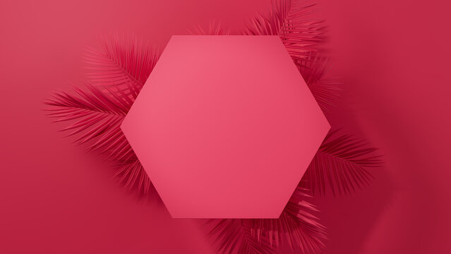 Palm Plant Border forms Pink, Trendy Background. Hexagon Botanical Frame with copy-space.