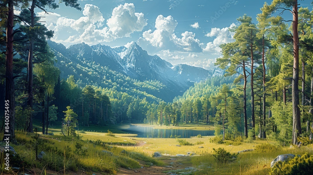 Poster mountain view landscape with trees, forest. generative ai.