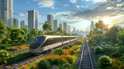 Fototapeta premium Majestic City Skyline at Sunset with Greenery