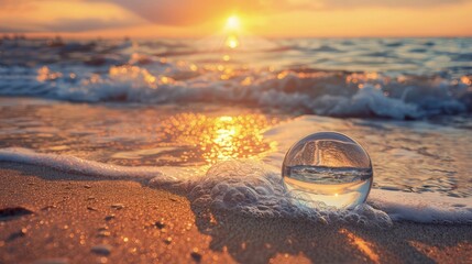 A glass ball lies in the waves on the sandy beach, the sea and the setting sun are reflected in the ball. - Powered by Adobe