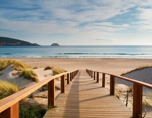 Obraz premium romantic wooden walkway leading to serene beach with rolling dunes and gentle waves idyllic seaside landscape