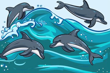 Obraz premium Cartoon cute doodles of a pod of dolphins frolicking in the sparkling ocean waves, Generative AI
