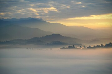 the atmosphere of the mountain with mist in the morning