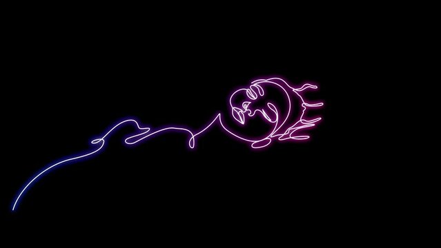 Self drawing animation of woman floating in water or taking spa bath drawn by glowing neon continuous one line.