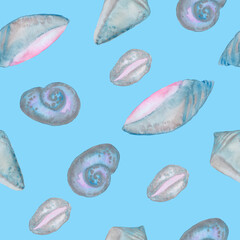 sea shells seamless pattern isolated on blue background watercolor illustration base for textile design, stickers, cards, banners