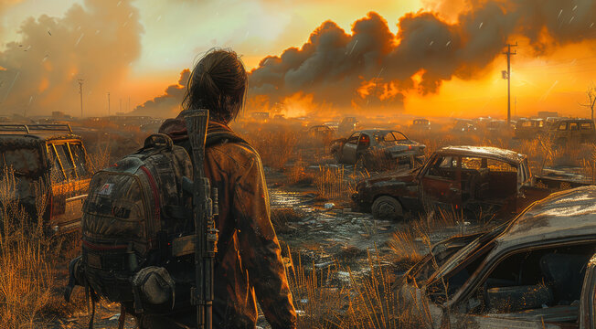 A survivor with a backpack and a weapon slung over their shoulder walks through a field of rusted vehicles, the horizon filled with smoke and fire. Generative AI.