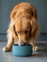 Golden retriever eating from a blue bowl indoors