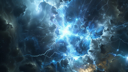 A bright blue star is surrounded by a cloud of dark blue and gray