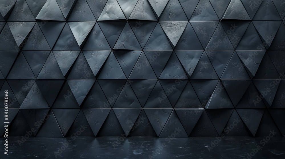 Sticker 3D render of a dark grey wall with a triangular pattern, in a low angle view, captured with high resolution photography