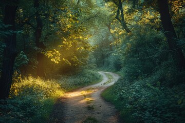 Obraz premium Sun shines through trees on a dirt road in the woods