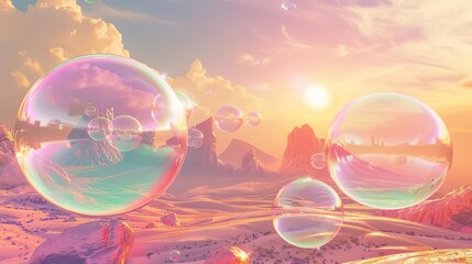 Obraz premium Surreal scene with floating bubbles in a dreamy pastel landscape, glowing under a warm sunset. Otherworldly ambience with vibrant colors.